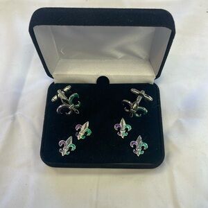 Mardi Gras Colored Fleur de Lis Cufflinks and Studs Set New Silver Trim